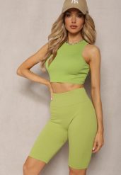 Jasnozielone Prążkowane Szorty Kolarki High Waist Olevitta. Zielone szorty damskie Renee, bez wzorów, prążkowane, z podwyższonym stanem. Za 39.99 zł.