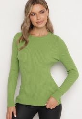 Jasnozielony Klasyczny Prążkowany Sweter Zinadre. Zielone swetry damskie Born2be, m, bez wzorów, z jeansu, eleganckie, bez kołnierzyka, bez ramiączek, długie, bez kaptura. Za 74.99 zł.