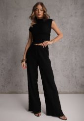 Czarny Komplet Spodnie Wide Leg i Top ze Stójką i Drapowaniem w Talii Meridone. Czarne spodnie materiałowe damskie Renee, m, bez wzorów. Za 129.99 zł.