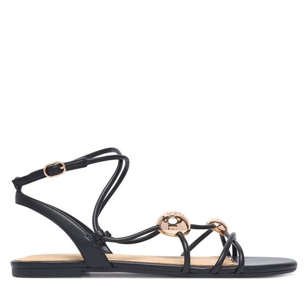 Sandały Guess. Czarne sandały damskie Guess, z aplikacjami, bez obcasa, na płaskiej podeszwie, bez zapięcia. Za 444.99 zł.