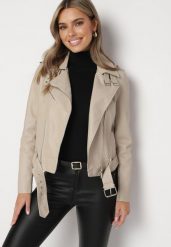 Ciemnobeżowa Kurtka Ramoneska z Asymetrycznym Suwakiem i Regulowanym Paskiem Bralissa. Brązowe kurtki damskie Born2be, l, bez wzorów, z jeansu, bez kaptura. Za 129.99 zł.