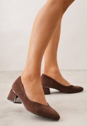 Brązowe Czółenka Vices na Słupku z Imitacji Zamszu z Wkładką ze Skóry Naturalnej z Metaliczną Ozdobą Mixin. Brązowe czółenka damskie Renee, z aplikacjami, ze skóry, biznesowe, bez obcasa, na słupku, bez zapięcia. Za 89.99 zł.