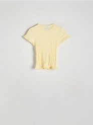 Dzianinowa bluzka - jasnożółty. Żółte bluzki damskie Reserved, l, bez wzorów, z dzianiny, bez kołnierzyka, bez ramiączek. W wyprzedaży za 29.99 zł.