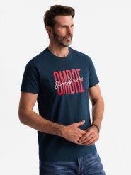 Bawełniana męska koszulka z podwójnym logotypem – granatowa V3 - Rozmiar: M. Niebieskie t-shirty męskie Ombre Clothing, m, bez wzorów, z bawełny, klasyczne, bez kołnierzyka. W wyprzedaży za 38.50 zł.