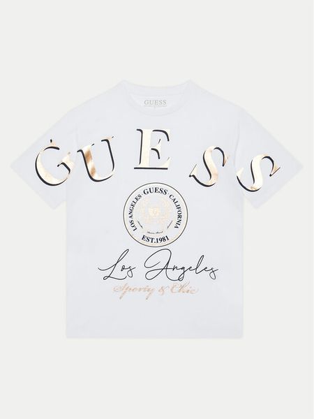 Guess T-Shirt J5RI28 K8HM4 Biały Regular Fit. Białe t-shirty i topy dla dziewczynek Guess, z aplikacjami, z bawełny, bez ramiączek. Za 79.99 zł.