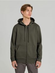Rozpinana bluza z kapturem i kieszeniami - zielony. Zielone bluzy męskie Sinsay, l, bez wzorów, z kapturem. Za 49.99 zł.