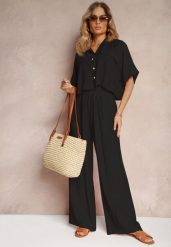 Czarny 2-Częściowy Komplet z Wiskozy Koszula o Luźnym Kroju Szerokie Spodnie Velvitela. Czarne koszule damskie Renee, bez wzorów, z materiału, eleganckie, bez kołnierzyka, bez ramiączek. Za 99.99 zł.