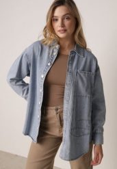 Niebieska Koszula Jeansowa z Bawełną Ozdobiona Przeszyciami Junie. Niebieskie bluzki damskie Born2be, l, bez wzorów, z bawełny, eleganckie, bez kołnierzyka, bez ramiączek. Za 149.99 zł.