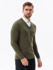 Sweter męski z białym kołnierzykiem - oliwkowy V5 - Rozmiar: S. Zielone swetry przez głowę męskie Ombre Clothing, m, bez wzorów, z bawełny, bez kołnierzyka. W wyprzedaży za 69.99 zł.