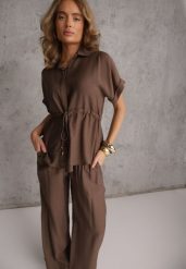 Ciemnobeżowy Komplet z Wiskozy Spodnie Wide Leg i Bluzka ze Ściągaczem w Talii Daemnell. Brązowe bluzki damskie Renee, m, bez wzorów, z wiskozy. Za 129.99 zł.