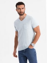 Męski bawełniany t-shirt V-neck z dzianiny z efektem sprania - szary V8 OM-TSWT-0242 M. Szare t-shirty męskie Ombre, m, bez wzorów, z bawełny, bez kołnierzyka. Za 166.41 zł.