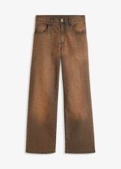 Jeansy wide leg, high waist, z efektem wytarcia w stylu vintage. Brązowe jeansy damskie bonprix, z podwyższonym stanem. Za 147.99 zł.