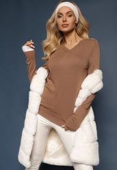 Brązowy Sweter w Klasycznym Stylu z Dekoltem w Serek Feliriel. Brązowe swetry damskie Renee, m, z aplikacjami, z jeansu, biznesowe, bez kołnierzyka, bez ramiączek, bez kaptura. Za 69.99 zł.
