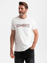 Bawełniany męski t-shirt z podwójnym printowanym logotypem – biały V1 OM-TSPT-0211 - XXL. Białe t-shirty męskie Ombre Clothing, l, bez wzorów, z bawełny, eleganckie, bez kołnierzyka. W wyprzedaży za 29.99 zł.