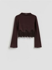 Bluzka z koronką - ciemnobrązowy. Brązowe bluzki damskie Reserved, l, bez wzorów, z dzianiny, bez kołnierzyka, bez ramiączek. Za 109.99 zł.