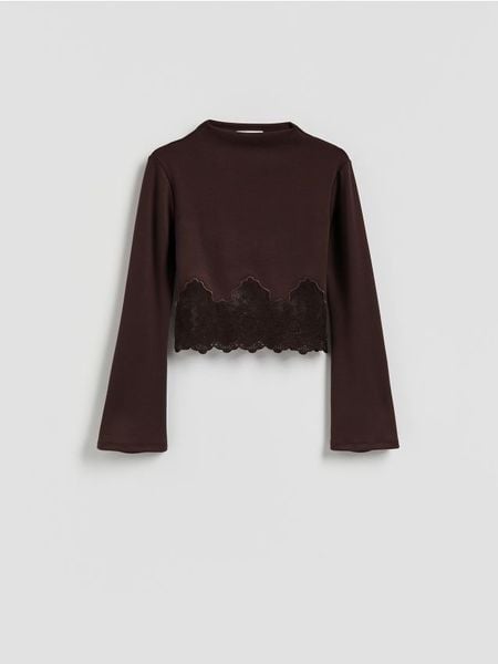 Bluzka z koronką - ciemnobrązowy. Brązowe bluzki damskie Reserved, l, bez wzorów, z dzianiny, bez kołnierzyka, bez ramiączek. Za 109.99 zł.