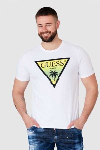 GUESS Biały t-shirt męski z logo z palmą, Rozmiar XL. Białe t-shirty męskie Guess, m, z aplikacjami, bez kołnierzyka. W wyprzedaży za 123.99 zł.