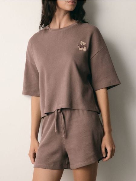 Waflowa piżama dwuczęściowa - brązowy. Brązowe piżamy damskie Reserved, l, bez wzorów, z bawełny, bez ramiączek. Za 99.99 zł.