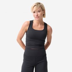 Koszulka damska Domyos Breathe bez rękawów. Czarne koszulki sportowe damskie Decathlon, xs, bez wzorów, z elastanu, bez kołnierzyka, bez ramiączek, na fitness i siłownię. Za 59.99 zł.