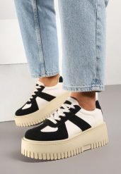Czarno-Beżowe Sneakersy na Grubej Podeszwie z Ozdobnym Paskiem Viviriana. Czarne obuwie sportowe damskie Born2be, bez wzorów, z jeansu. Za 89.99 zł.