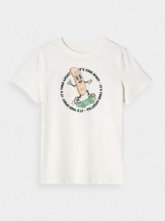 4F T-shirt regular z nadrukiem chłopięcy - biały 122 (6-7 lat). Białe t-shirty dla chłopców 4f, bez wzorów, z bawełny, bez ramiączek. W wyprzedaży za 19.99 zł.
