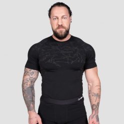 Koszulka męska fitness bezszwowa slim czarna Static. Czarne koszulki sportowe męskie GYMBEAM, m, bez wzorów, z elastanu, bez kołnierzyka, bez ramiączek, do biegania. Za 109.90 zł.