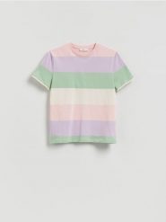 Bawełniany t-shirt w paski - lawendowy. Fioletowe t-shirty damskie Reserved, l, bez wzorów, z bawełny, bez kołnierzyka. Za 39.99 zł.