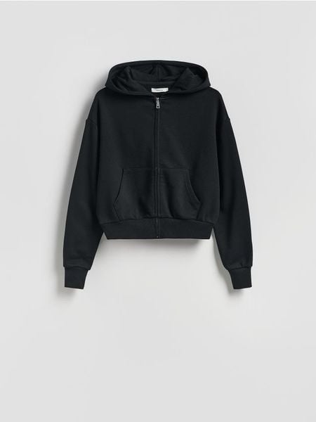 Rozpinana bluza - czarny. Czarne bluzy damskie Reserved, l, bez wzorów, z bawełny, bez kaptura. W wyprzedaży za 65.99 zł.