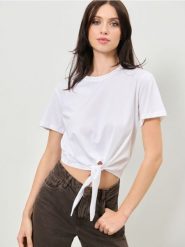 Koszulka wiązana w talii - biały. Białe t-shirty damskie Sinsay, l, bez wzorów, bez kołnierzyka. Za 25.99 zł.