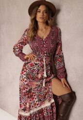 Fuksjowa Sukienka z Gumką w Talii w Etno Wzór Kapha. Czerwone sukienki damskie Renee, bez wzorów, z materiału, eleganckie, bez ramiączek. Za 109.99 zł.