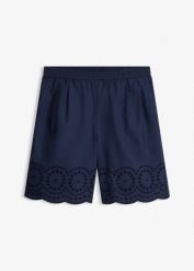 Szorty z gumką w talii z czystej bawełny. Niebieskie szorty damskie bonprix, w ażurowe wzory, z bawełny. Za 112.99 zł.