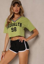 Zielony T-shirt z Bawełny Ozdobiony Napisem Lireline. Zielone bluzki damskie Renee, m, bez wzorów, z bawełny, eleganckie, bez kołnierzyka. Za 34.99 zł.