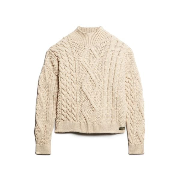 Damski sweter polo z dzianiny Superdry Aran Cable. Białe swetry damskie Superdry., na jesień, l, bez wzorów, z dzianiny, biznesowe, bez kołnierzyka, bez ramiączek, krótkie, bez kaptura. Za 392.80 zł.
