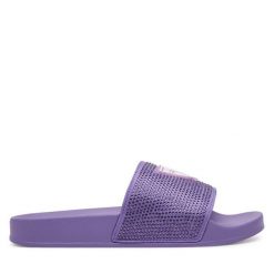 Klapki Guess. Fioletowe klapki damskie Guess, z aplikacjami, bez obcasa. Za 129.99 zł.