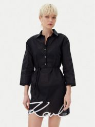 KARL LAGERFELD Sukienka koszulowa A1W46006 Czarny Regular Fit. Czarne sukienki damskie KARL LAGERFELD, xs, bez wzorów, z bawełny, bez kołnierzyka, bez ramiączek, koszulowe. Za 449.99 zł.