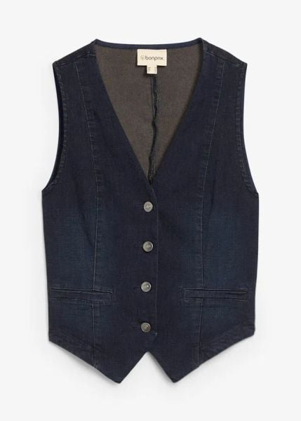 Kamizelka dżinsowa. Niebieskie kurtki damskie bonprix, bez wzorów, bez kaptura. Za 124.99 zł.