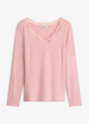 Shirt z długim rękawem. Czerwone bluzki damskie bonprix, bez wzorów, z koronki, bez kołnierzyka, bez ramiączek. Za 99.99 zł.