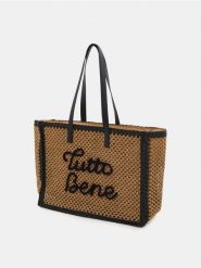 Duża pleciona torba typu shopper z napisem - beżowy. Brązowe torebki shopper damskie Sinsay, bez wzorów, duże, bez dodatków. Za 59.99 zł.