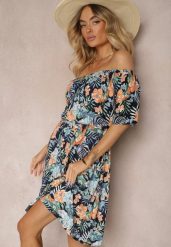 Granatowa Sukienka z Bawełny w Kwiatowy Print Dimizama. Niebieskie sukienki damskie Renee, na co dzień, s, bez wzorów, z bawełny, eleganckie, bez kołnierzyka, bez ramiączek, mini, kopertowe. Za 39.99 zł.