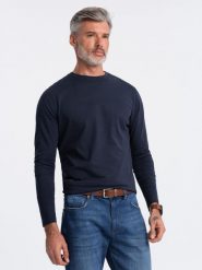 Longsleeve męski BASIC z okrągłym dekoltem - granatowy V2 OM-LSBL-0106 - XXL. Niebieskie bluzki z długim rękawem męskie Ombre Clothing, l, bez wzorów, z bawełny, klasyczne, bez kołnierzyka. W wyprzedaży za 79.99 zł.