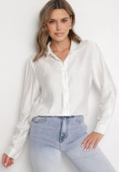 Biała Koszula Oversize z Rękawami z Możliwością Podpięcia Sorria. Białe bluzki damskie Born2be, m, bez wzorów, z jeansu, eleganckie, bez kołnierzyka, bez ramiączek. Za 49.99 zł.