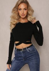 Czarny Dopasowany Sweter z Wycięciami w Talii Aasiriz. Czarne swetry damskie Renee, bez wzorów, z jeansu, casualowe, bez kołnierzyka, bez ramiączek, bez kaptura. Za 129.99 zł.