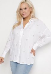 Biała Koszula Bawełniana w Hafty Liście Tleffia. Białe bluzki damskie Born2be, xl, bez wzorów, z bawełny, eleganckie, bez kołnierzyka, bez ramiączek. Za 99.99 zł.