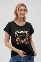 T-shirt z nadrukiem i napisem czarny. Czarne bluzki damskie MOODO, bez wzorów, z bawełny, bez kołnierzyka. Za 49.99 zł.