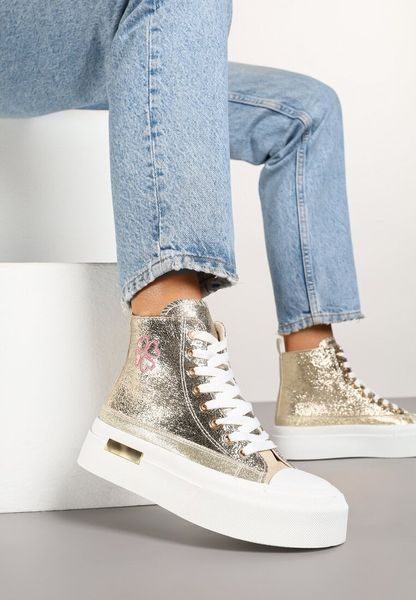 Złote Trampki na Platformie z Wysoką Cholewką Ozdobione Haftem Fonaril. Żółte trampki i tenisówki damskie Renee, bez wzorów, z jeansu, przed kolano, bez zapięcia. Za 89.99 zł.