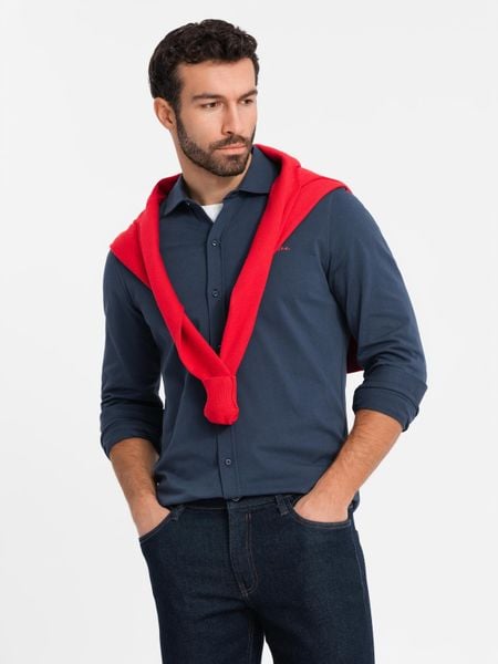 Koszula męska bawełniana REGULAR z dzianiny single jersey - granatowa V2 - Rozmiar: L. Niebieskie koszule męskie Ombre Clothing, l, bez wzorów, z bawełny, bez kołnierzyka, bez ramiączek. W wyprzedaży za 79.99 zł.