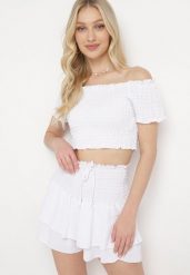 Biały Komplet Top w Stylu Hiszpanki i Spódnico-Szorty z Gumką Quillatta. Białe szorty damskie Born2be, l, z aplikacjami. Za 44.99 zł.