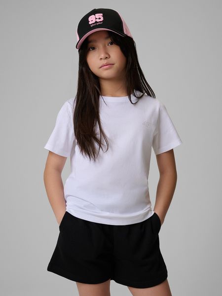 4F T-shirt regular gładki dziewczęcy - biały 146 (10-11 lat). Białe t-shirty i topy dla dziewczynek 4f, bez wzorów, z bawełny, bez ramiączek. Za 29.99 zł.