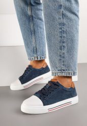 Granatowe Skórzane Trampki na Płaskiej Podeszwie ze Skórzaną Wkładką i Kontrastowym Noskiem Helili. Niebieskie trampki i tenisówki damskie Born2be, bez wzorów, z jeansu, bez zapięcia. Za 79.99 zł.