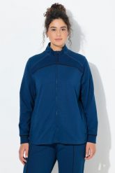 Damskie Bluza rozpinana wstawki prążkowane stójka długi rękaw. Niebieskie bluzy sportowe damskie Ulla Popken, plus size, bez wzorów, z bawełny, z kapturem, na jogę i pilates. Za 239.99 zł.